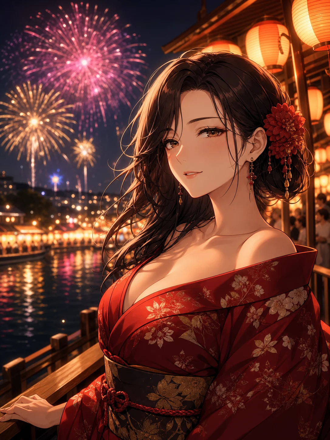 Nano Banana anime-style illustration of an adult woman watching fireworks