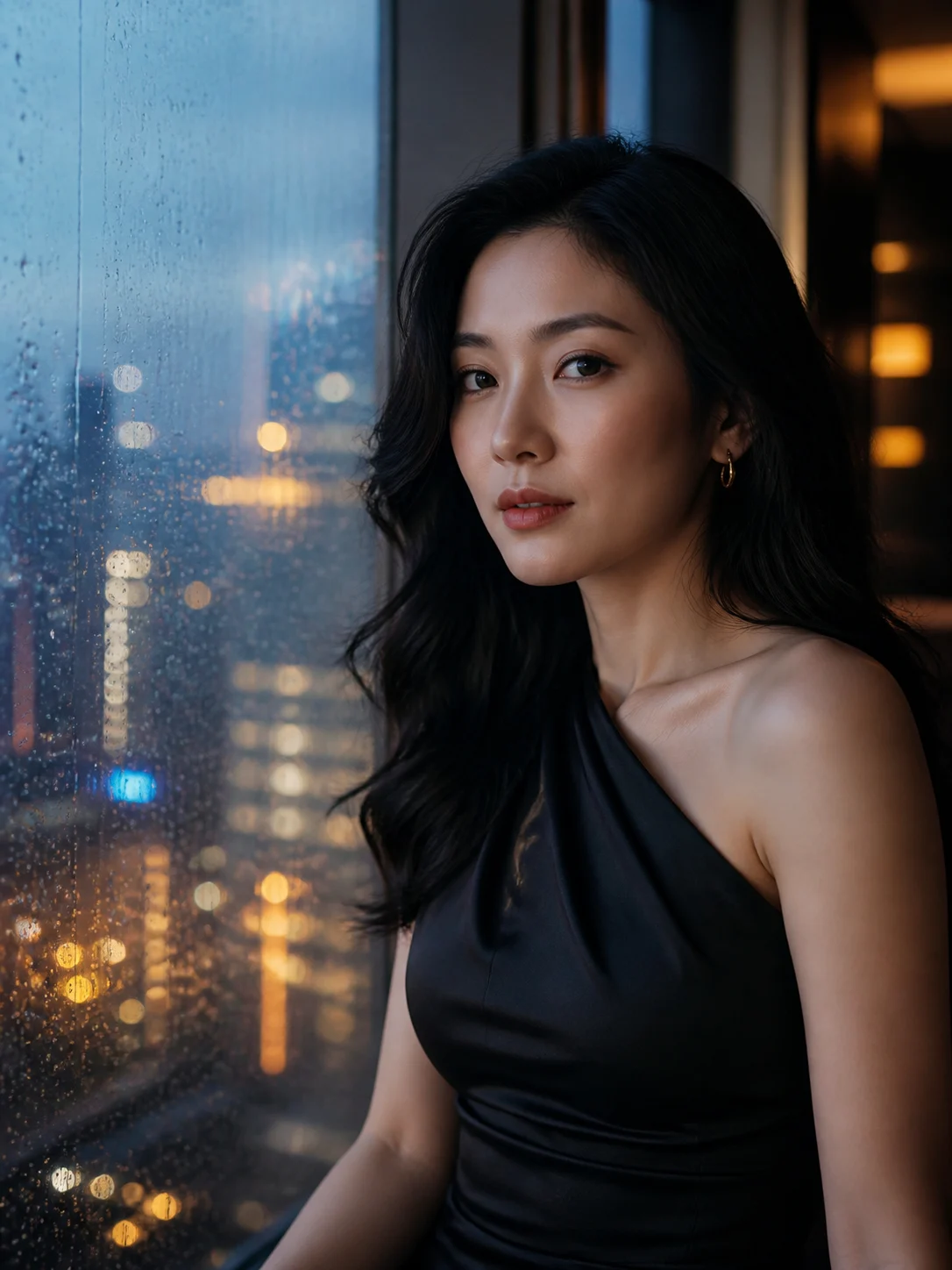Nano Banana cinematic portrait sample of an adult woman by a rainy window