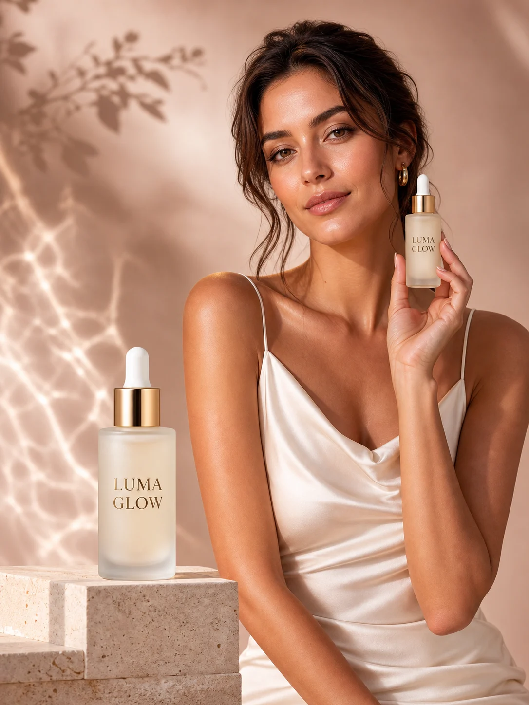 Nano Banana beauty ad with an adult woman holding Luma Glow serum