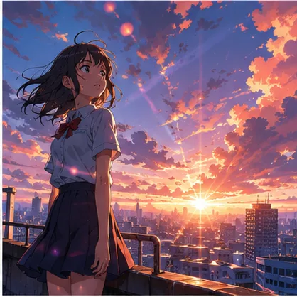 Z Image Turbo example — anime key visual of a girl on a rooftop at sunset