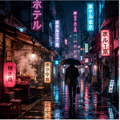Z Image Turbo example — cinematic neon-lit Tokyo alley in the rain