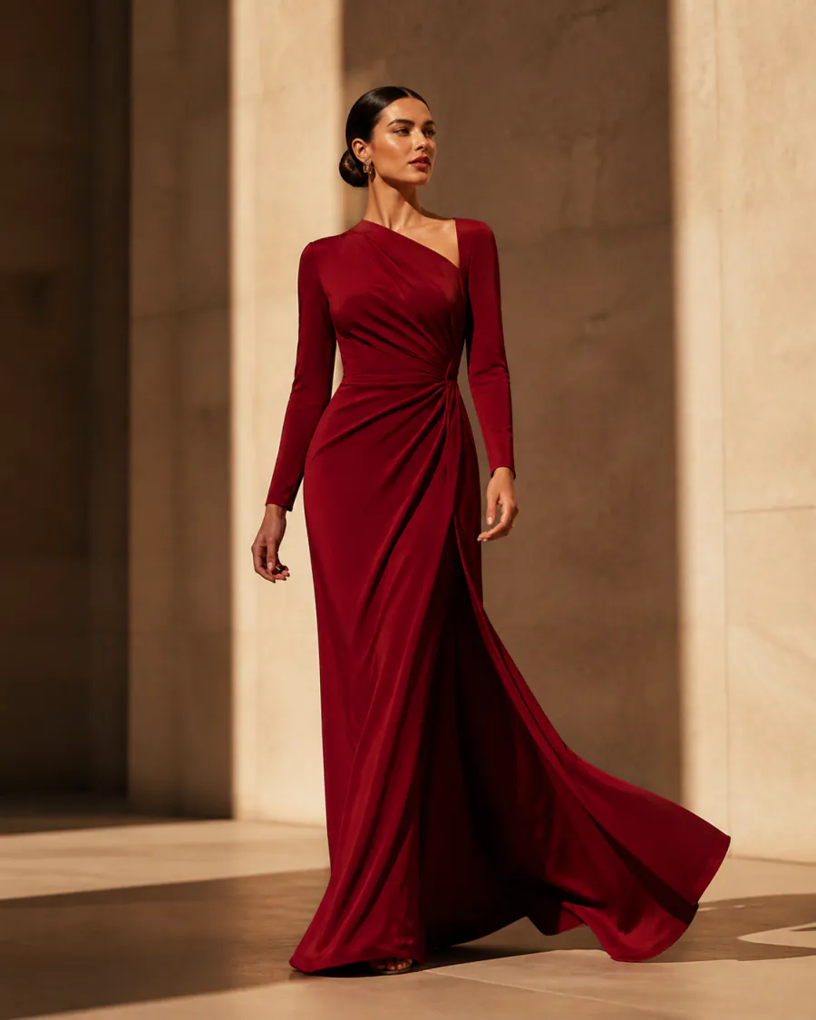 Z Image Turbo example — high-fashion editorial portrait in a red gown