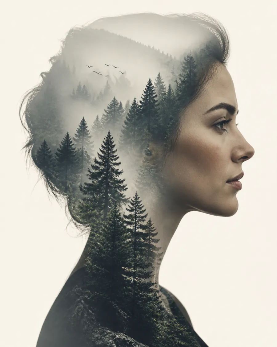 Z Image Turbo prompt example — double-exposure forest portrait